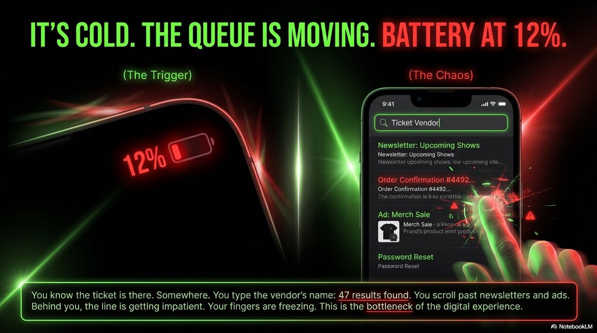 Cold queue, 12% battery, 47 email search results — the digital ticket bottleneck