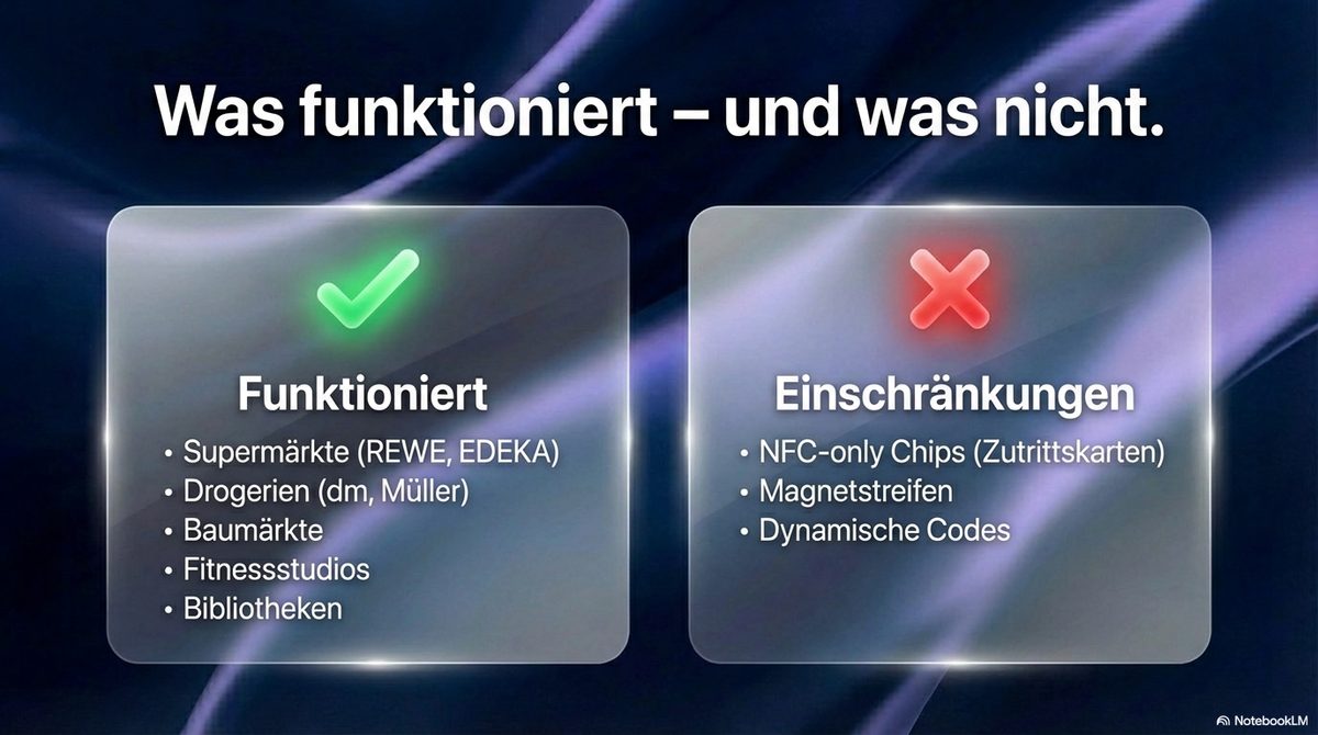 Was funktioniert — und was nicht: Supermärkte und Drogerien ja, NFC-Chips und Magnetstreifen nein